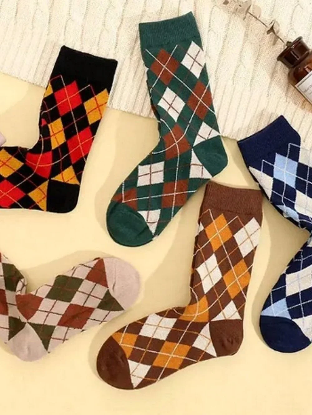 Shelby Argyle Pattern Socks Black with Orange and Red Gift Packaged